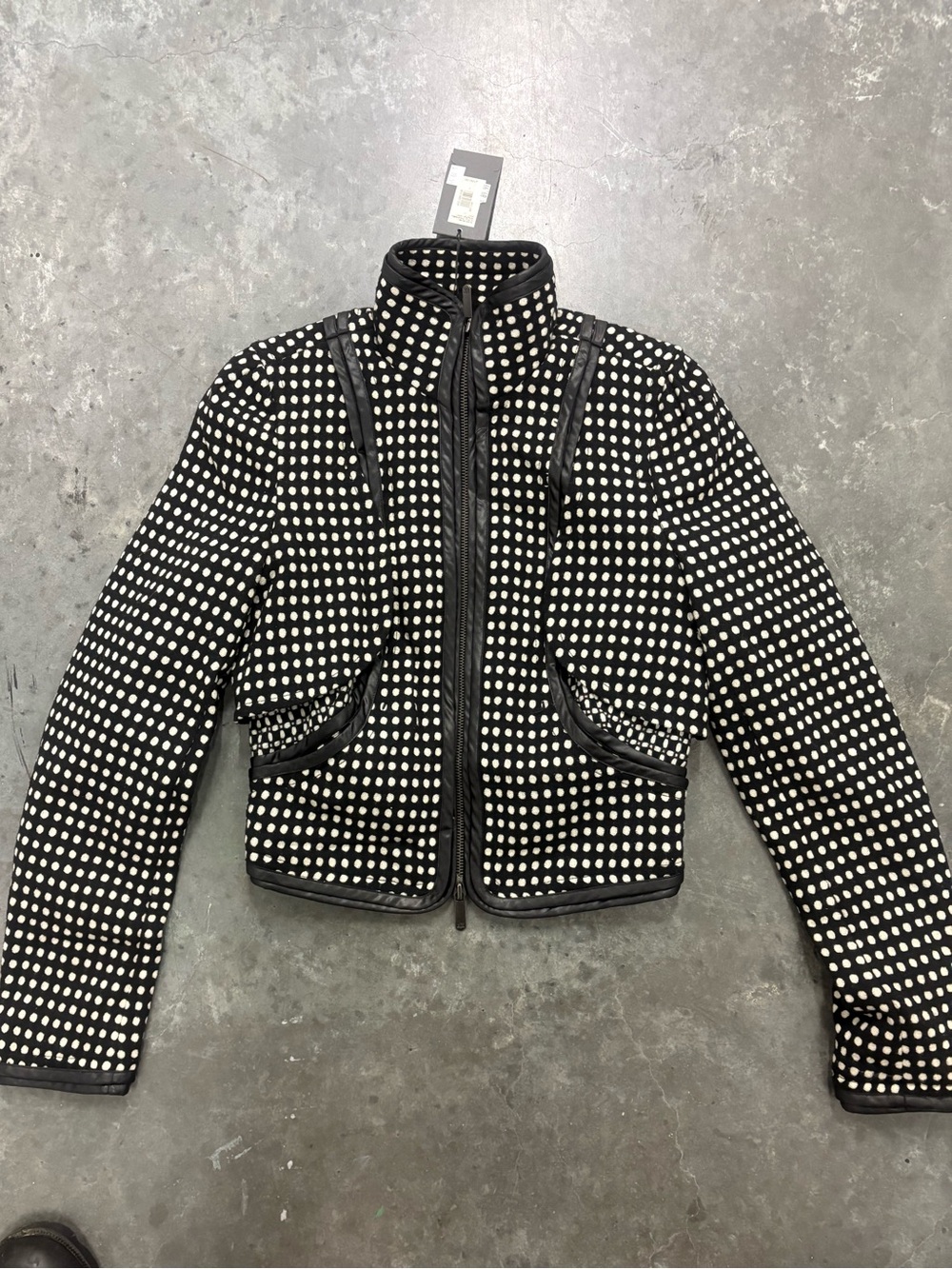 NWT Armani Exchange Black & Cream Polka Dot Faux Leather Trim Moto Jacket S